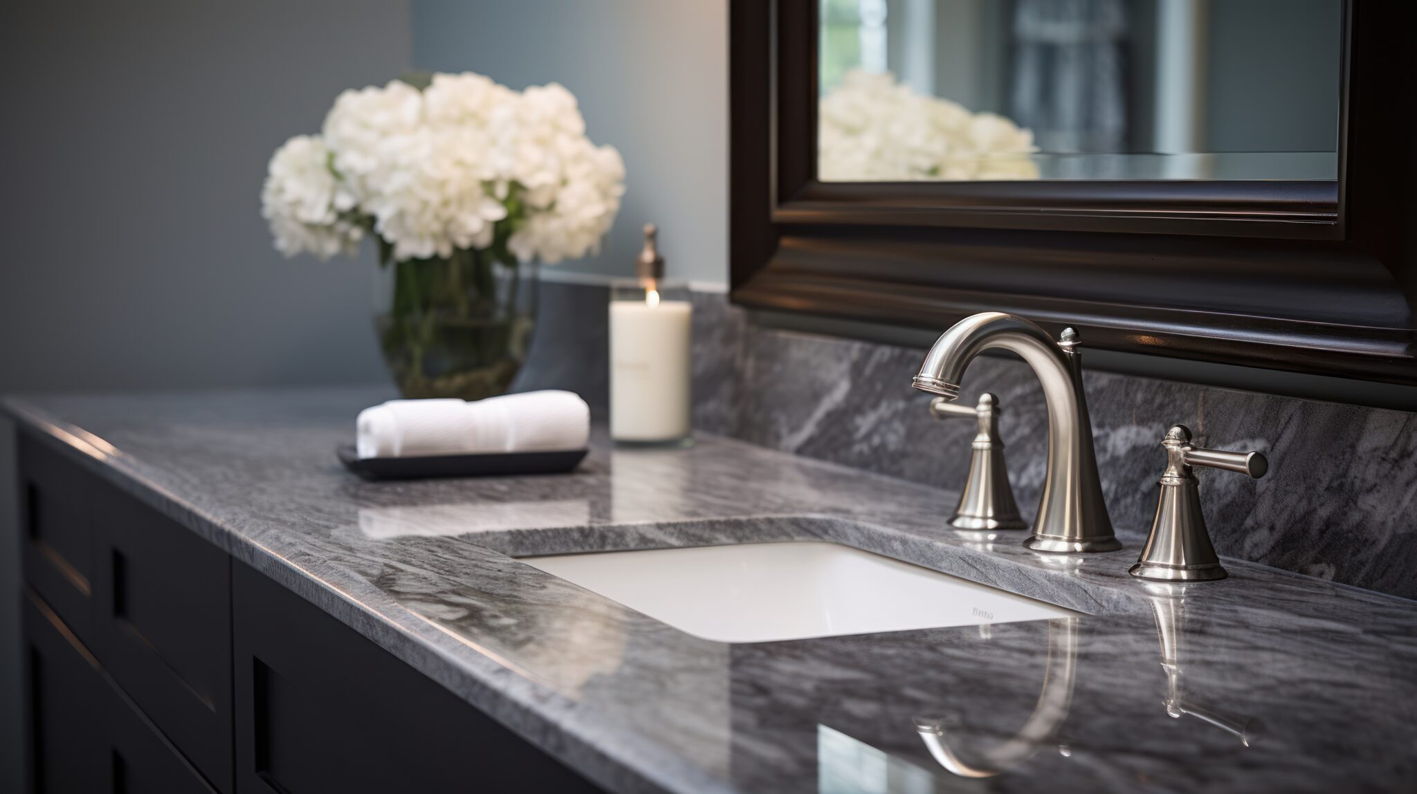 Classic faucet reflects on the marble countertop of well-lit ba Plan vasque moderne avec fleurs et miroir.