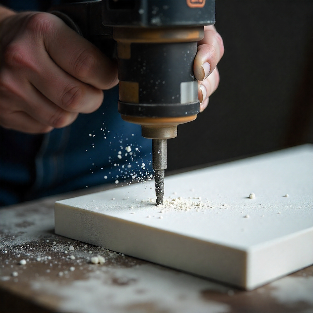 Perçage d'une planche en bois avec perceuse électrique.