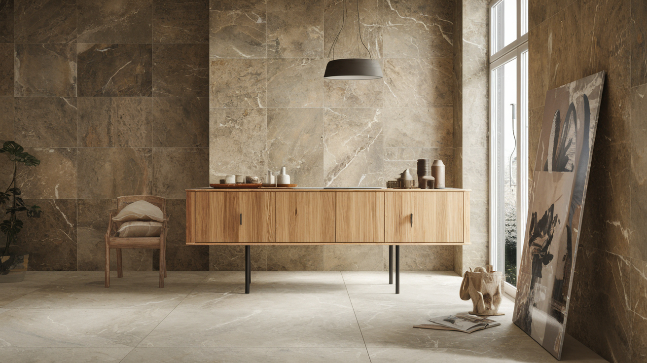 Salon moderne avec buffet en bois et tableau.
