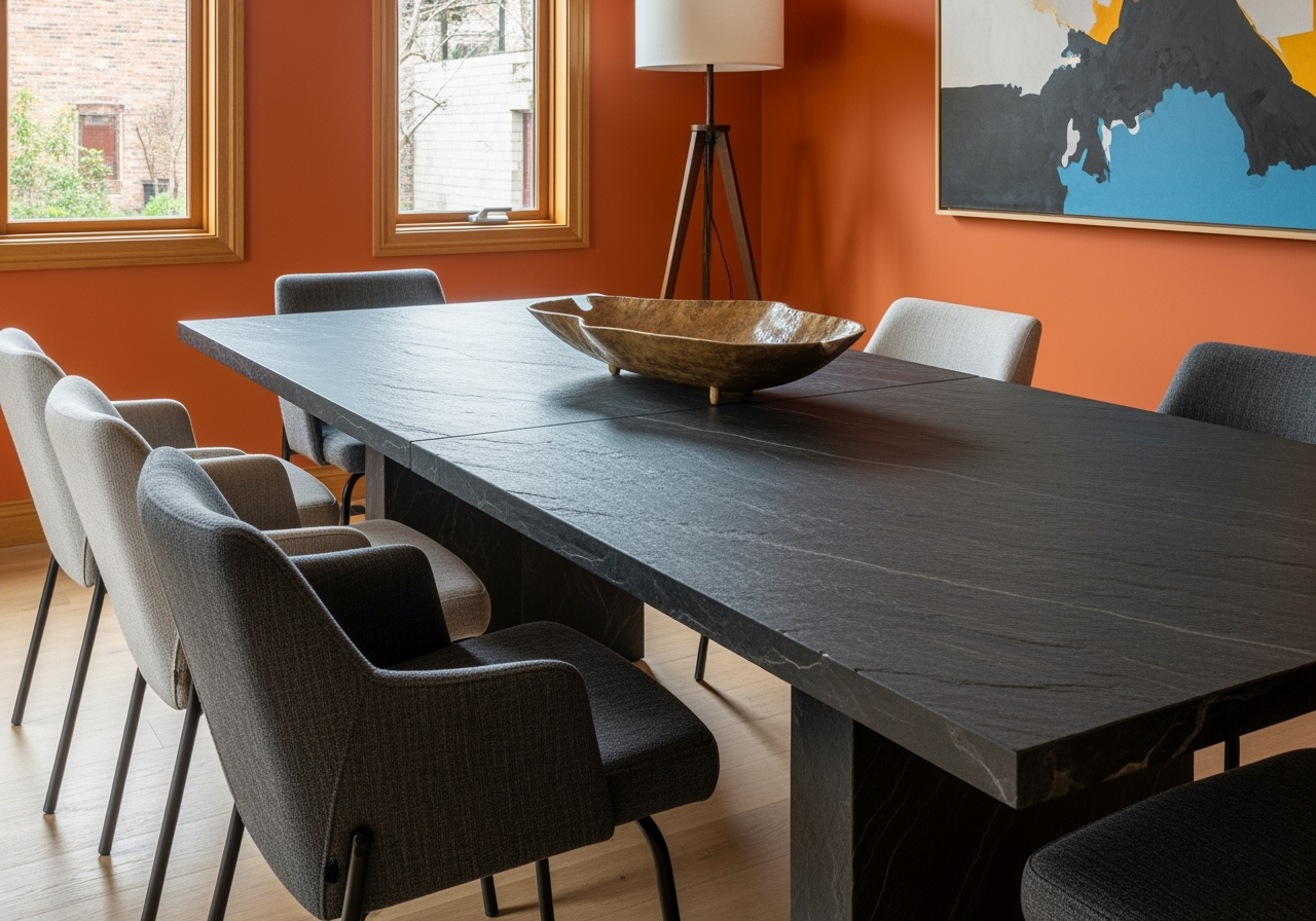 Salle à manger moderne avec table noire et chaises.