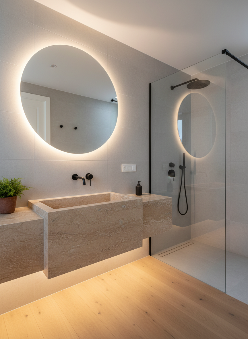 Salle de bain moderne avec douche et miroir lumineux