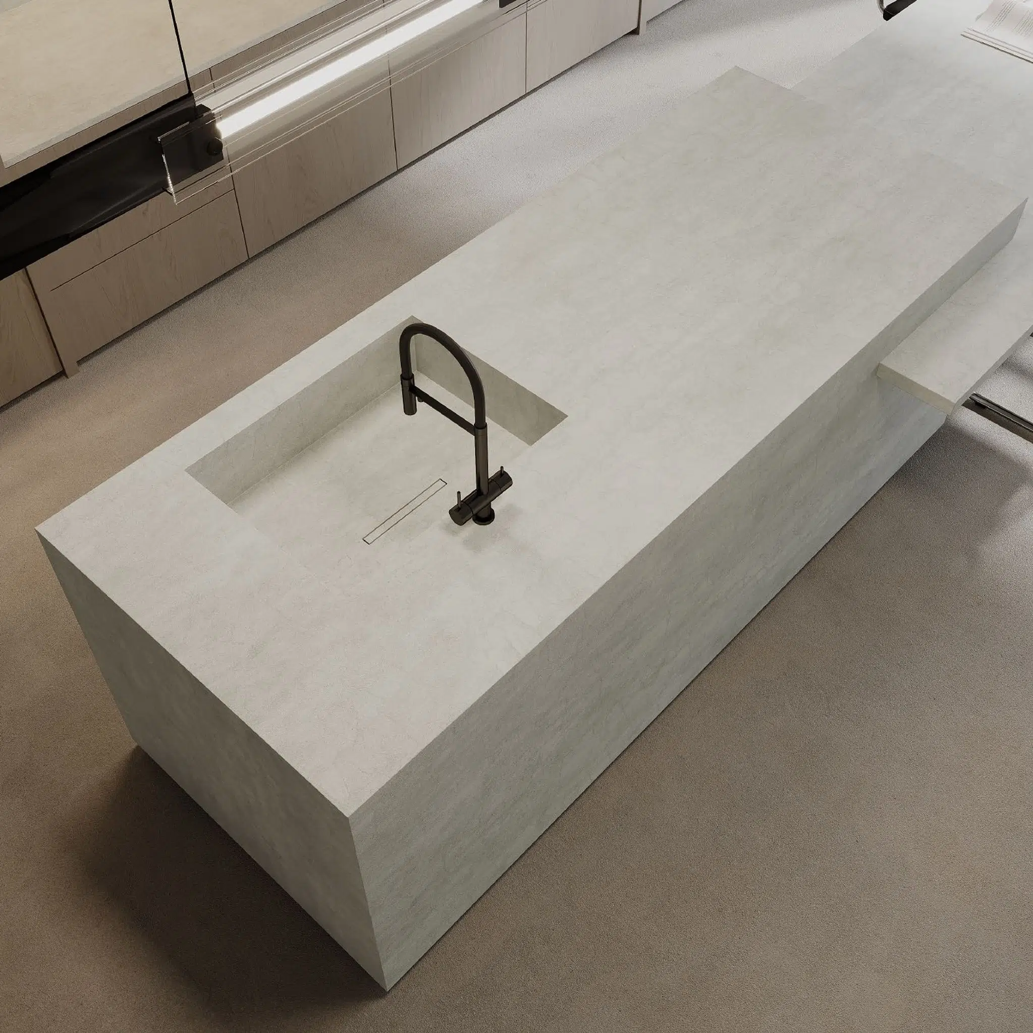 sink-with-faucet-faucet-kitchen Cuisine moderne avec îlot et évier intégré.